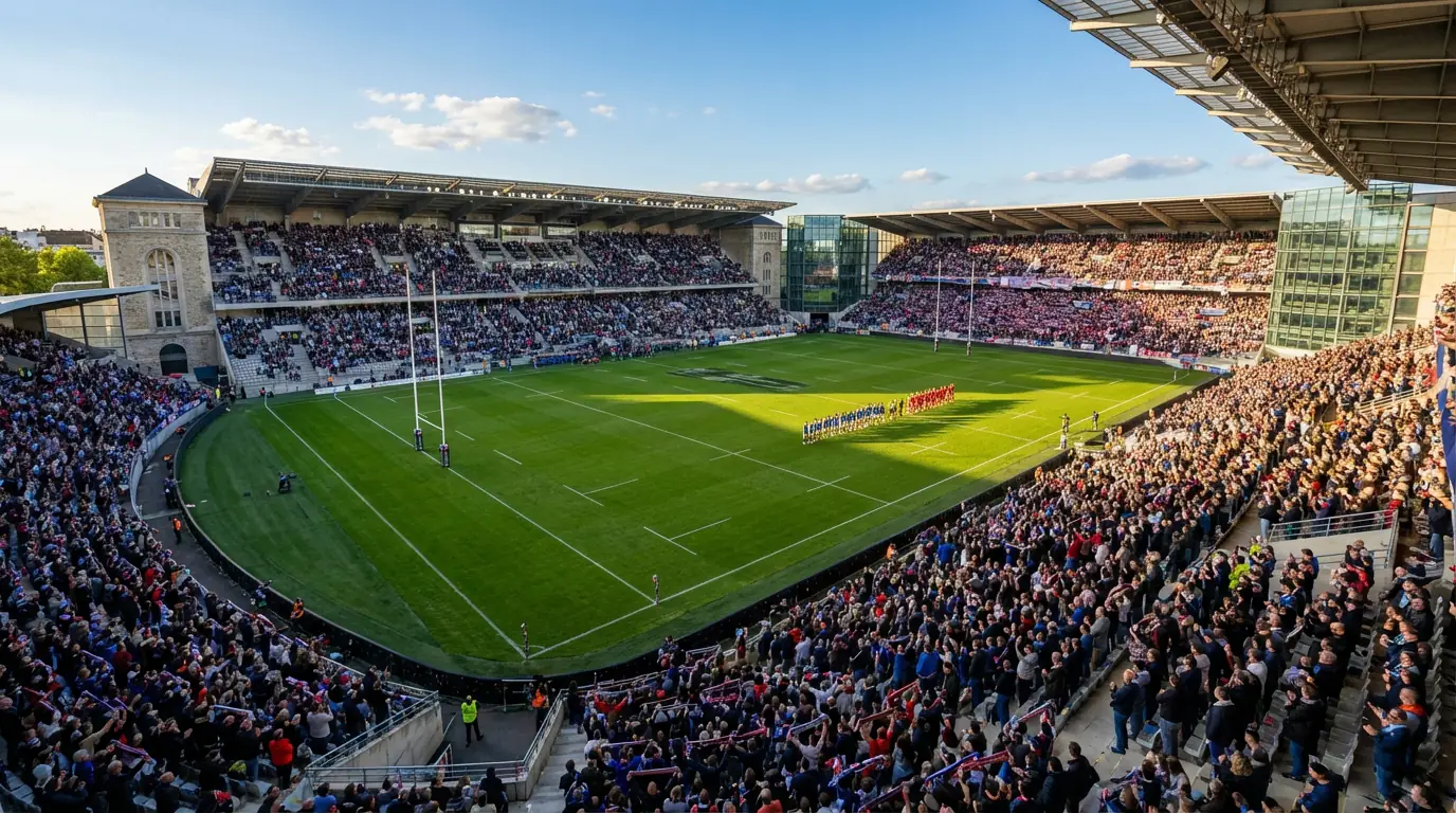Vue aérienne d'un stade de rugby français lors d'un match de Top 14 avec supporters