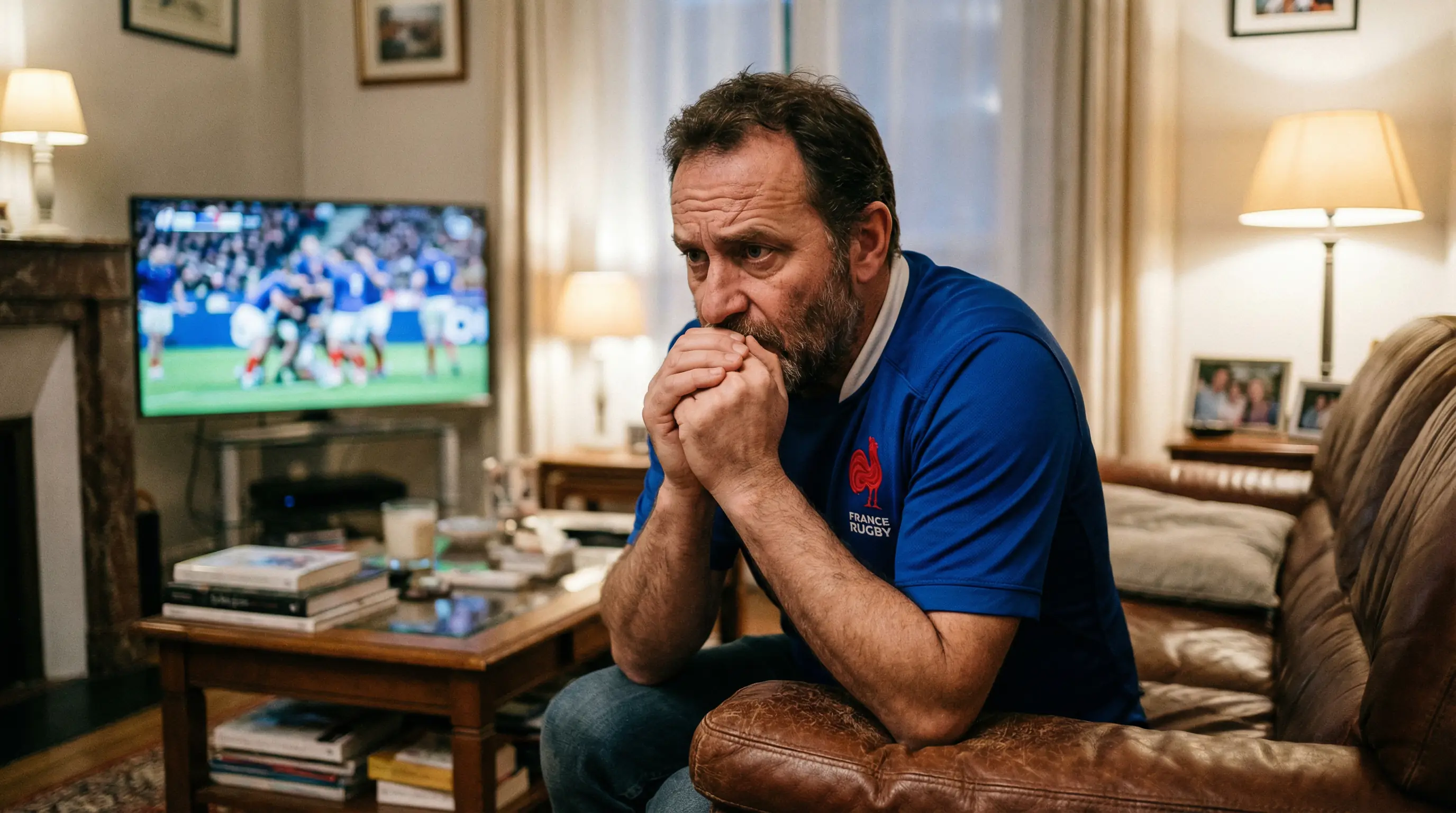 Supporter français regardant un match de rugby avec concentration