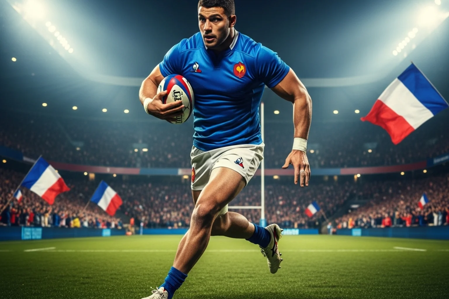 Match de rugby en France - joueur du XV de France en action sous les projecteurs du stade