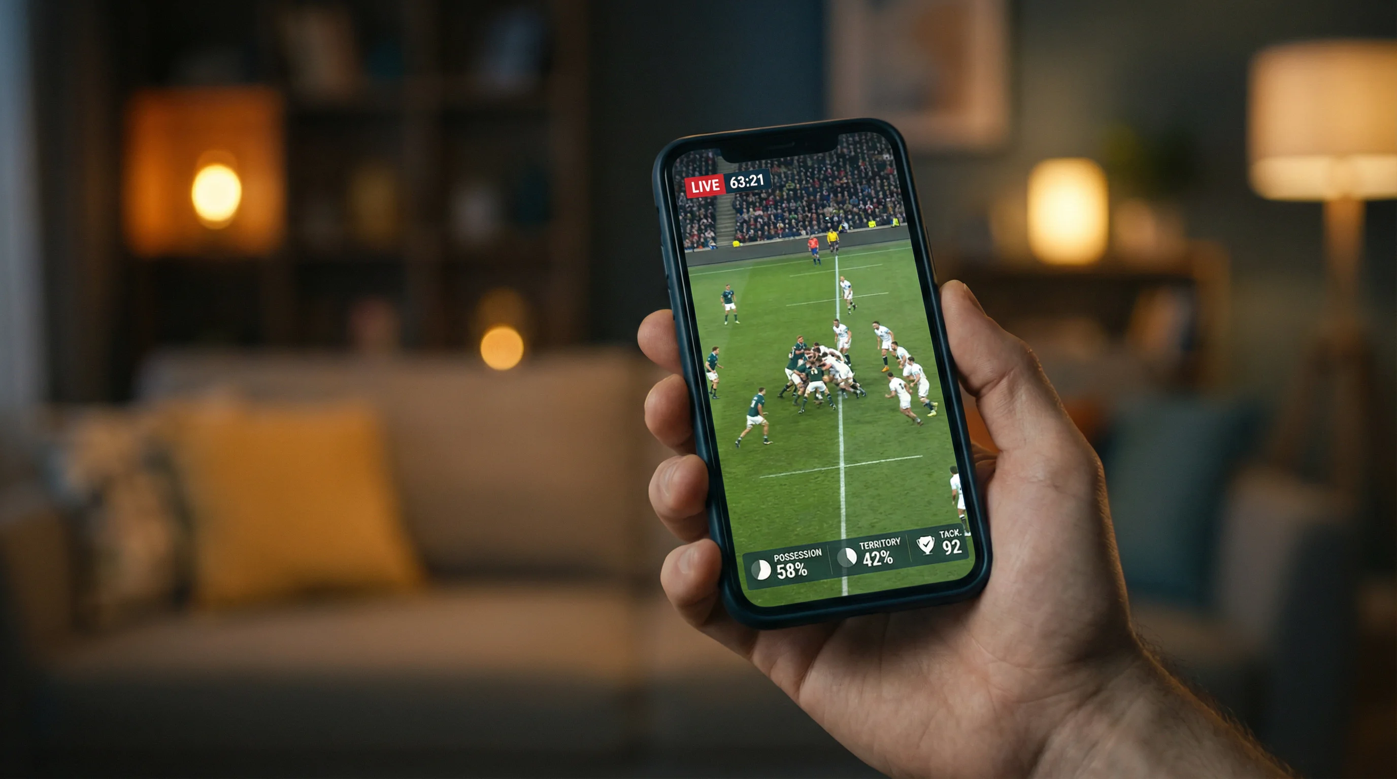 Écran de smartphone montrant un match de rugby en direct avec statistiques