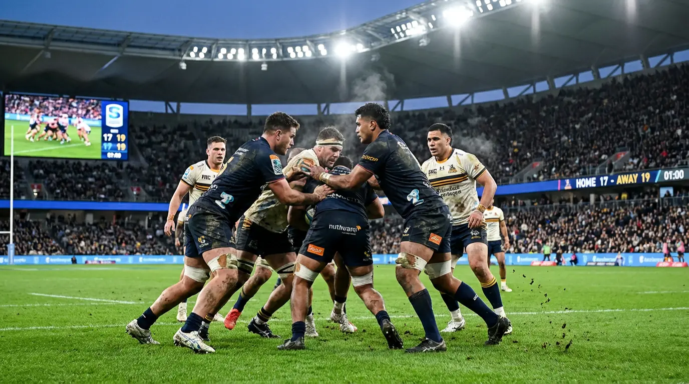 Match de rugby professionnel avec tableau des scores illustrant le concept de handicap