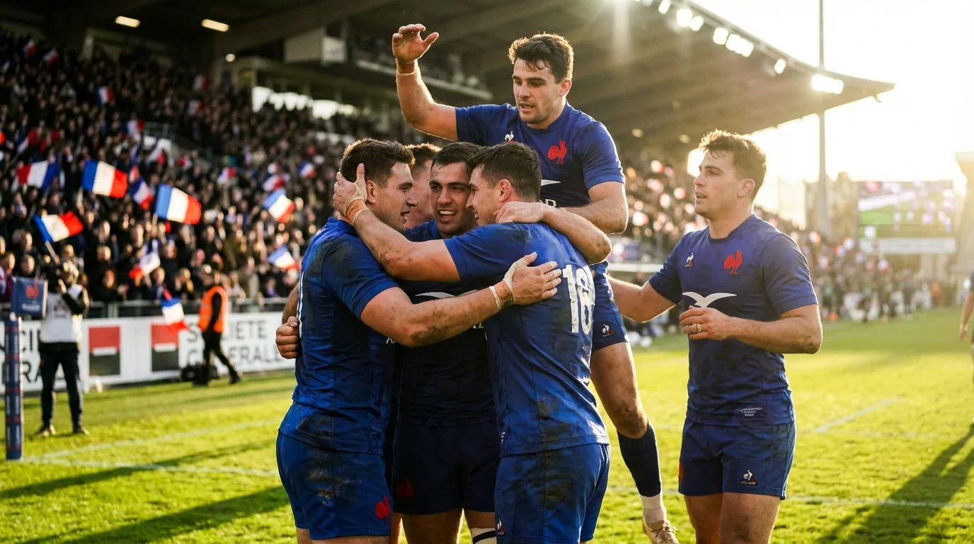 Équipe XV de France en action sur le terrain de rugby avec supporters