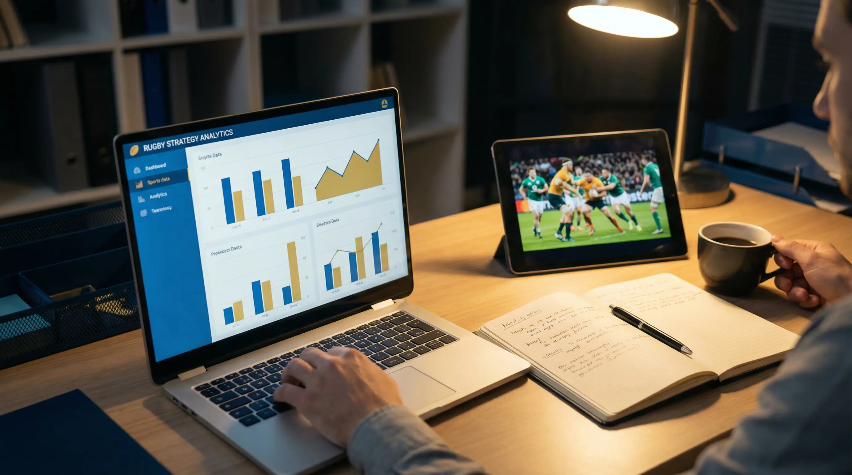 Espace de travail d'un analyste de paris sportifs rugby avec ordinateur et notes