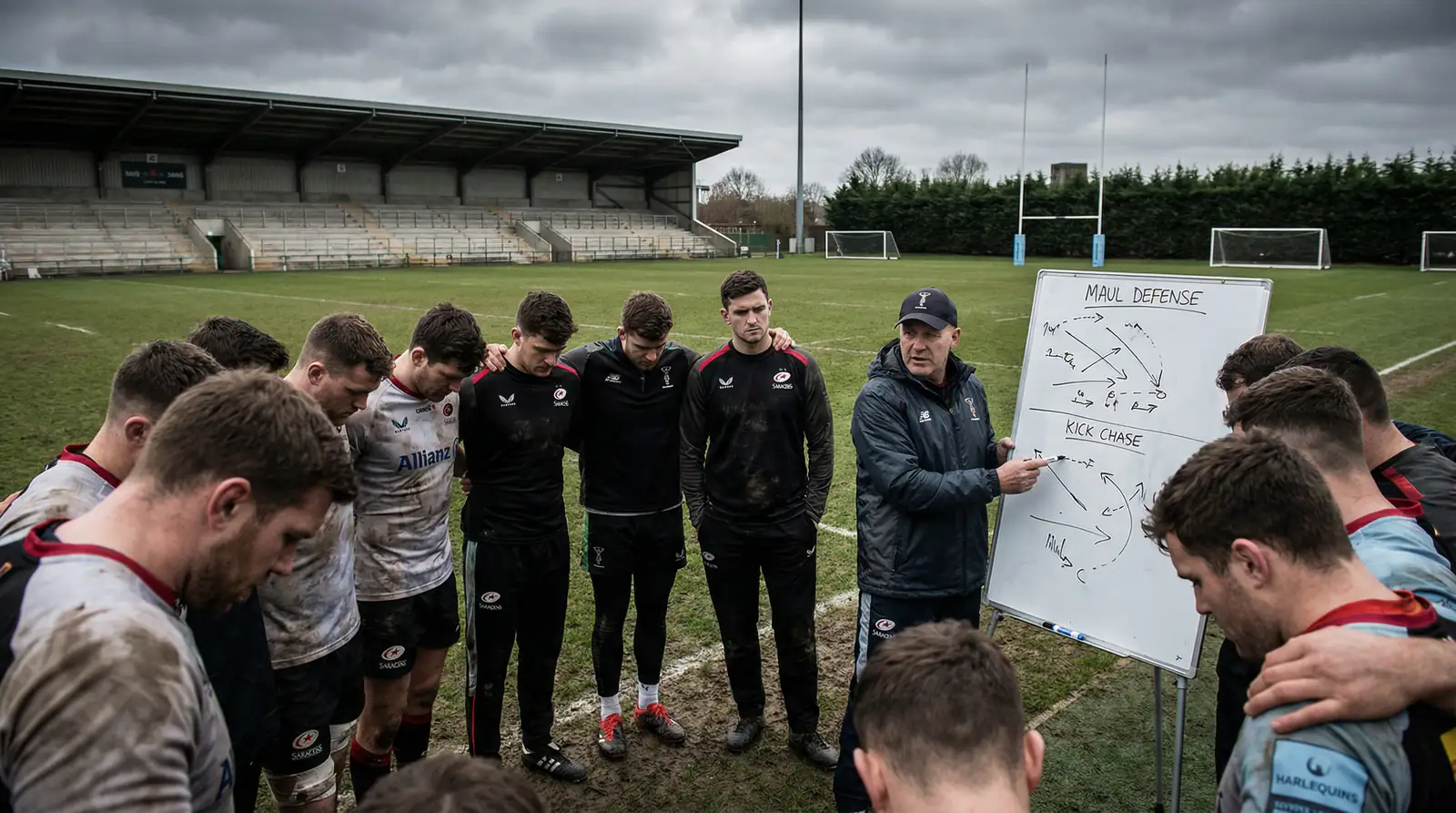 Coach de rugby analysant des tactiques sur un tableau avec son équipe