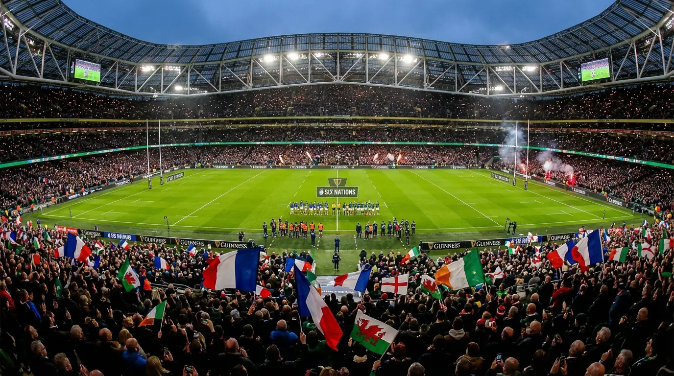 Match du Tournoi des Six Nations avec les drapeaux des nations participantes