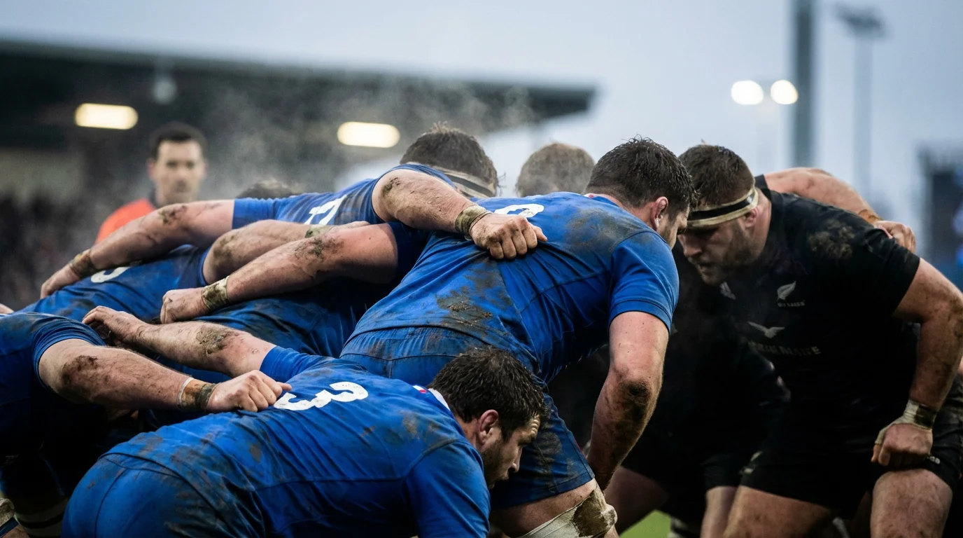 Mêlée de rugby intense lors du Tournoi des Six Nations - puissance du pack français