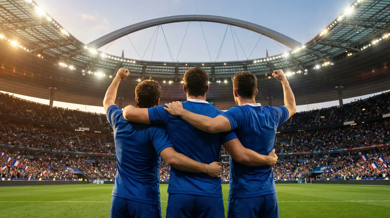 Joueurs du XV de France célébrant un essai au Stade de France